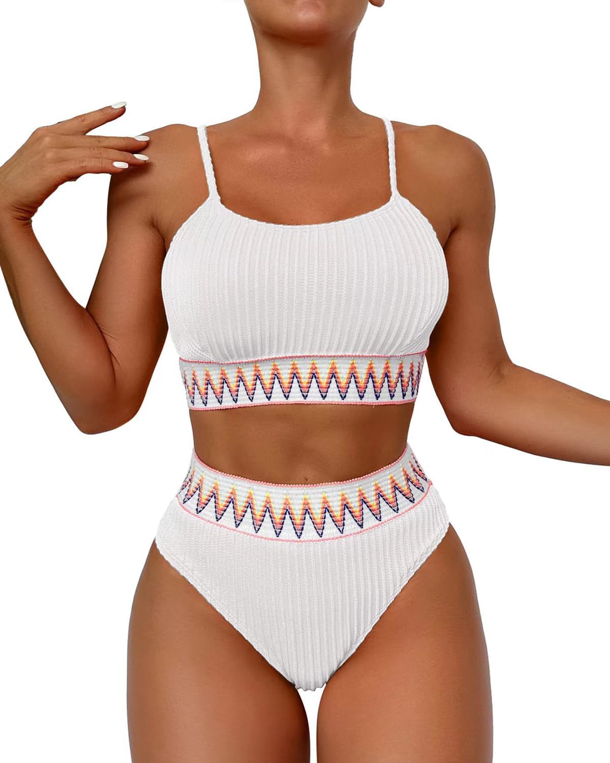 Limeeke Women High Waisted Bikini Sets Ribbed Color Block Two Piece Swimsuit Scoop Neck Bathing Suit